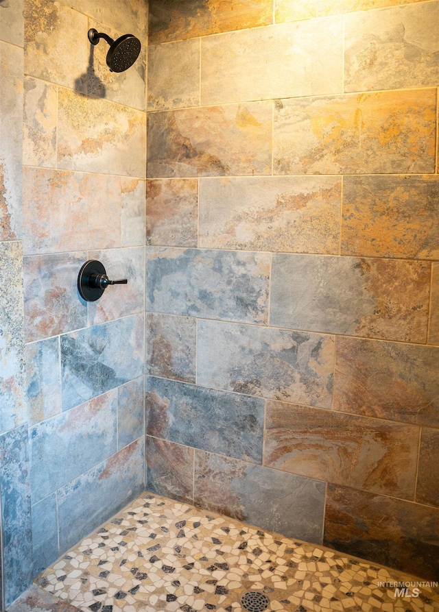 interior details with a tile shower