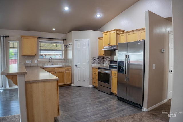 1155 Caswell Ave W, Twin Falls, ID 83301 - kitchen with stainless steel appliances, under cabinet range hood, a peninsula, lofted ceiling, and decorative backsplash