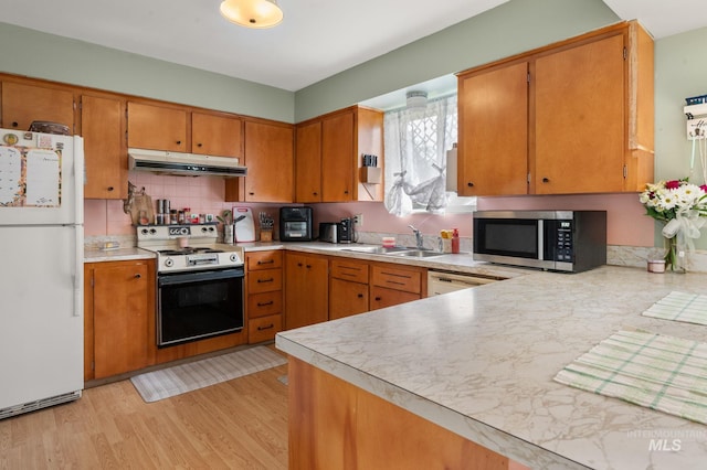 1713 12th St, Lewiston, ID 83501 - kitchen with freestanding refrigerator, range, stainless steel microwave, under cabinet range hood, and a sink