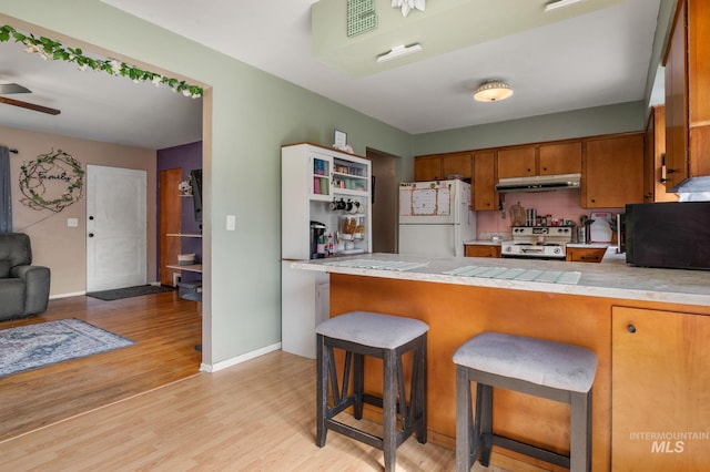 1713 12th St, Lewiston, ID 83501 - kitchen featuring freestanding refrigerator, electric range oven, under cabinet range hood, brown cabinetry, and light wood-type flooring
