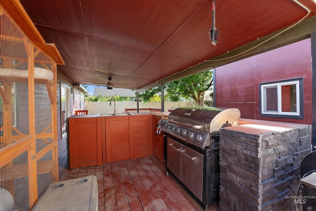 3004 Sandstone Pl, Caldwell, ID 83605 - view of patio / terrace featuring exterior kitchen, fence, a sink, a deck, and a ceiling fan