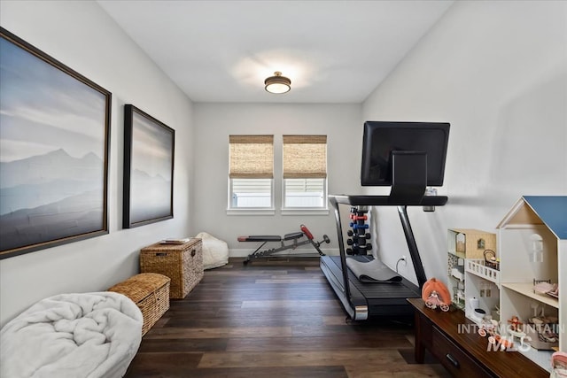 exercise area with dark hardwood / wood-style floors