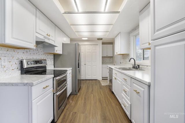 201 E 27th St, Burley, ID 83318 - kitchen with white cabinetry, under cabinet range hood, wood finished floors, a sink, and stainless steel appliances