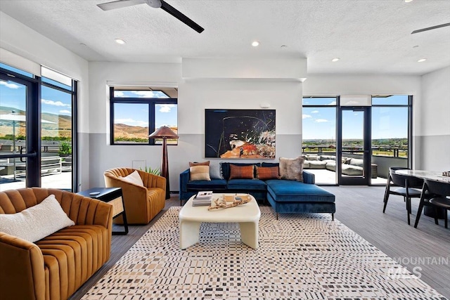 living room with a healthy amount of sunlight, a textured ceiling, and light wood-type flooring