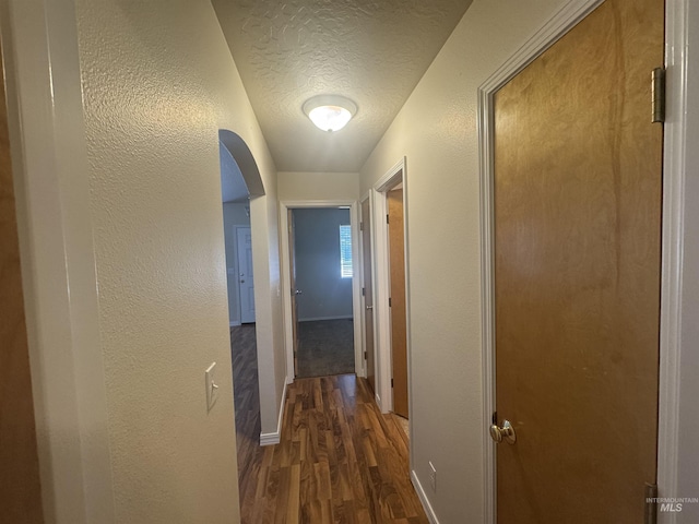 2451 W Park Stone Dr, Meridian, ID 83646 - hall with wood finished floors, a textured ceiling, arched walkways, baseboards, and a textured wall