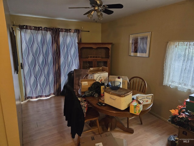 dining space with light hardwood / wood-style flooring and ceiling fan