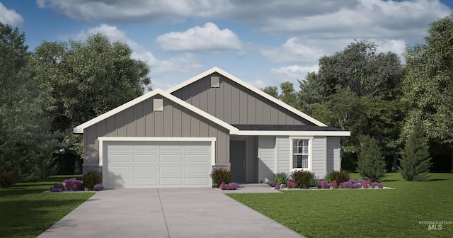 view of front of house featuring driveway, board and batten siding, an attached garage, and a front yard