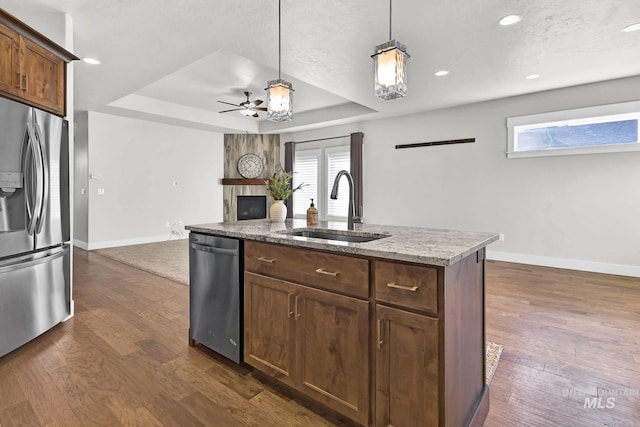 kitchen featuring a tray ceiling, appliances with stainless steel finishes, dark wood-type flooring, a sink, and plenty of natural light