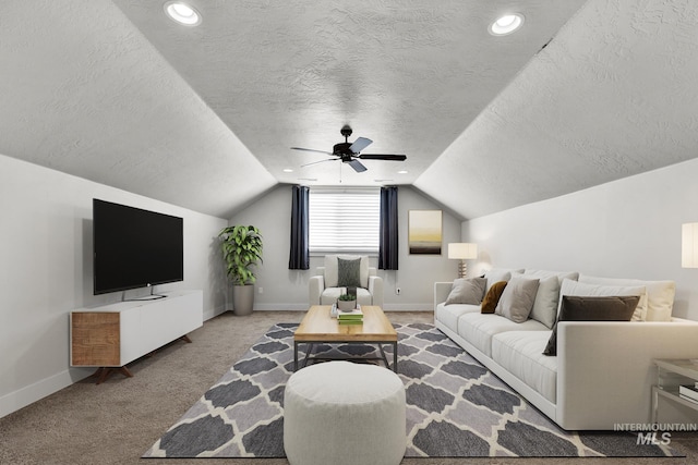 carpeted living room with ceiling fan, a textured ceiling, recessed lighting, baseboards, and vaulted ceiling