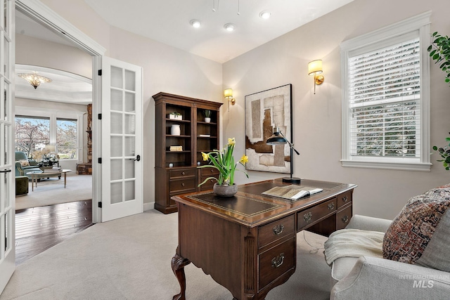 724 E Lakebrook Ln, Eagle, ID 83616 - carpeted home office featuring french doors, arched walkways, and recessed lighting
