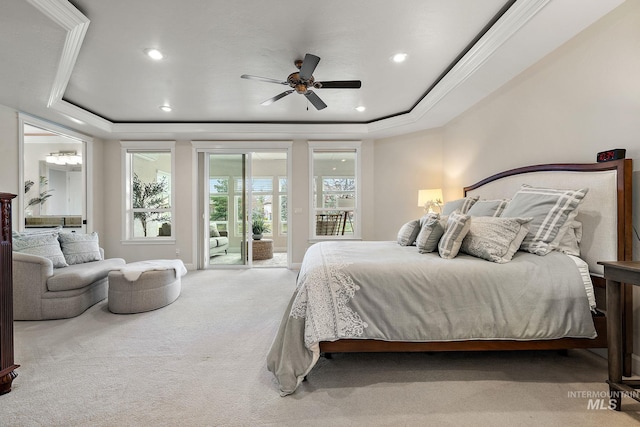 724 E Lakebrook Ln, Eagle, ID 83616 - carpeted bedroom with a tray ceiling, access to exterior, recessed lighting, and ceiling fan