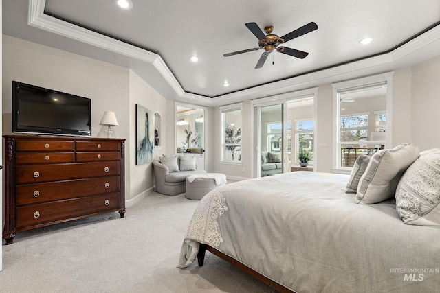 724 E Lakebrook Ln, Eagle, ID 83616 - bedroom featuring a raised ceiling, access to outside, light colored carpet, ornamental molding, and recessed lighting