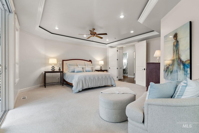 724 E Lakebrook Ln, Eagle, ID 83616 - bedroom featuring a tray ceiling, recessed lighting, light colored carpet, and crown molding
