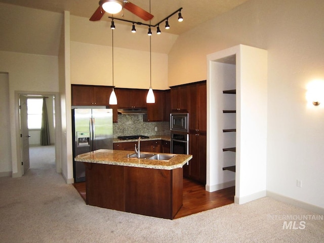 kitchen featuring stainless steel appliances, a sink, under cabinet range hood, dark colored carpet, and ceiling fan