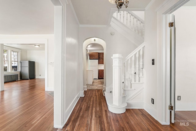 interior space featuring radiator, crown molding, stairway, and dark wood-style flooring