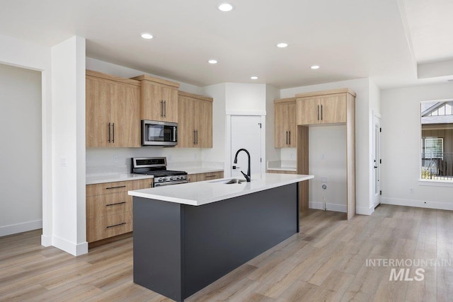 kitchen with appliances with stainless steel finishes, light countertops, a sink, and light wood-style flooring