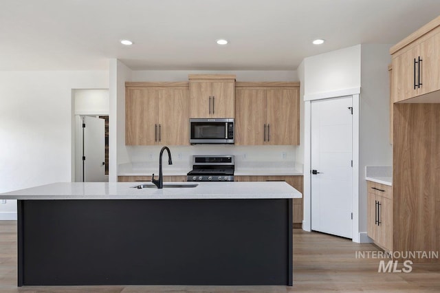 kitchen with appliances with stainless steel finishes, light countertops, a sink, and light brown cabinetry