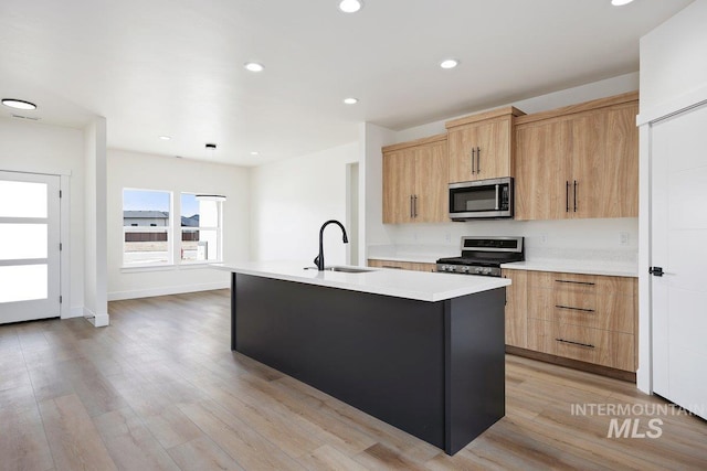 kitchen featuring appliances with stainless steel finishes, light wood-type flooring, a sink, and a center island with sink