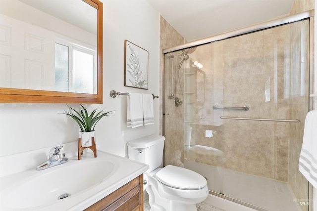 full bath with vanity, toilet, and a shower stall