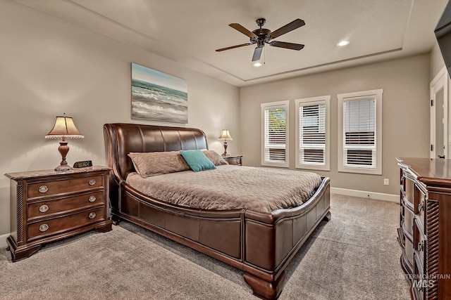 bedroom featuring recessed lighting, baseboards, light colored carpet, and ceiling fan