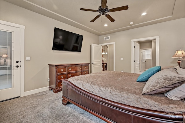 carpeted bedroom featuring visible vents, recessed lighting, and baseboards