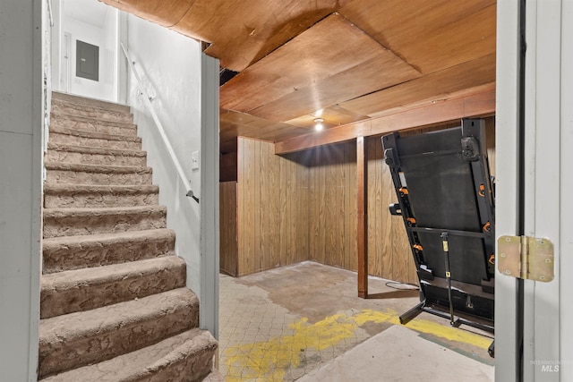 basement with wooden ceiling and wooden walls