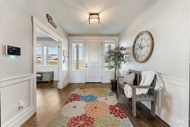 entryway featuring wainscoting, wood finished floors, and a decorative wall