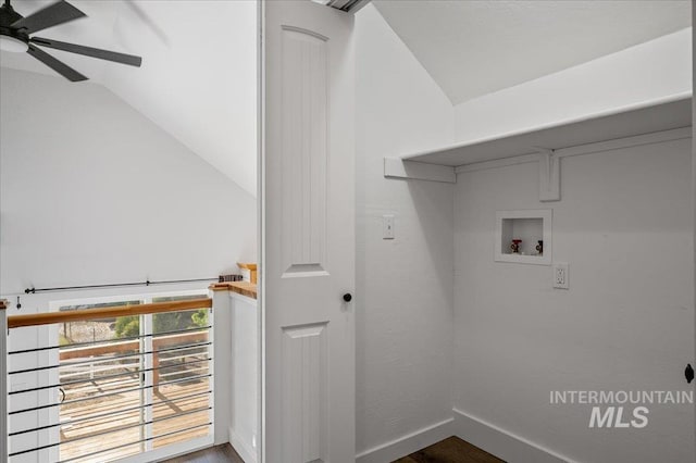 27985 Gray Sage Rd, Caldwell, ID 83607 - laundry room with ceiling fan, hookup for a washing machine, and dark wood-type flooring