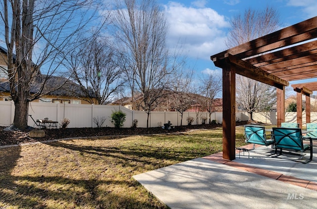 view of yard with a patio area, a pergola, and a fenced backyard