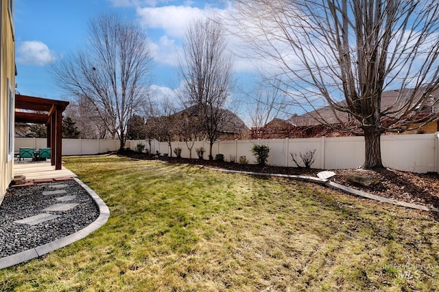 view of yard with a wooden deck and a fenced backyard