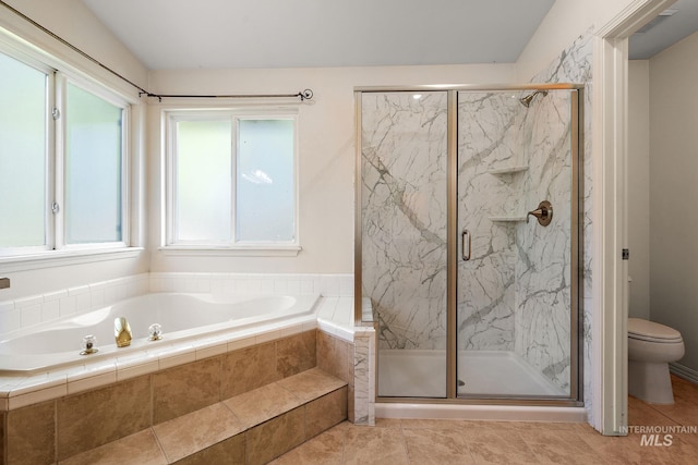 full bathroom with a bath, a marble finish shower, toilet, and tile patterned flooring