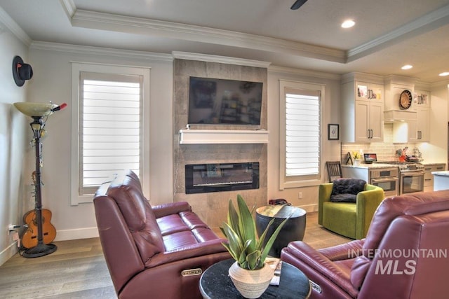 living room featuring a large fireplace, a tray ceiling, wood finished floors, and ornamental molding