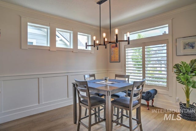 dining space featuring an inviting chandelier, a wealth of natural light, and wood finished floors