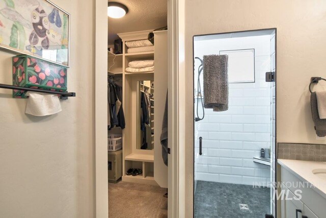 bathroom featuring walk in shower and vanity