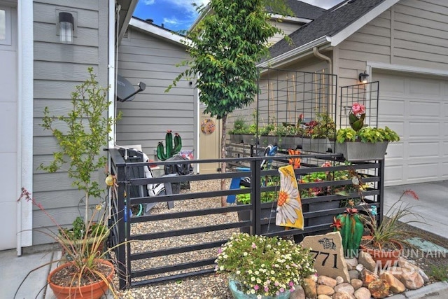 view of patio featuring a garage