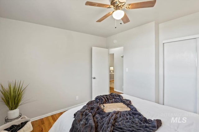 1325 E 5th N, Mountain Home, ID 83647 - bedroom with wood finished floors, baseboards, a ceiling fan, and a closet
