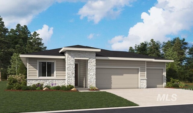 1234 Stirling Meadows Ct, Middleton, ID 83644 - view of front facade with a front yard, an attached garage, stone siding, and driveway