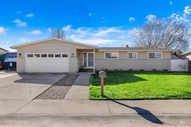 single story home featuring an attached garage, brick siding, fence, driveway, and a front lawn