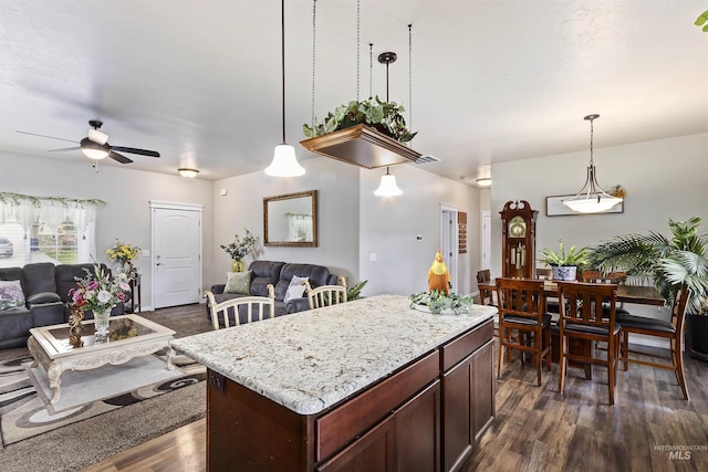 1011 Lynx, Jerome, ID 83338 - kitchen with open floor plan, a ceiling fan, dark wood finished floors, and pendant lighting