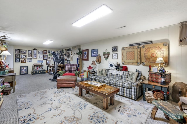 living room featuring light colored carpet