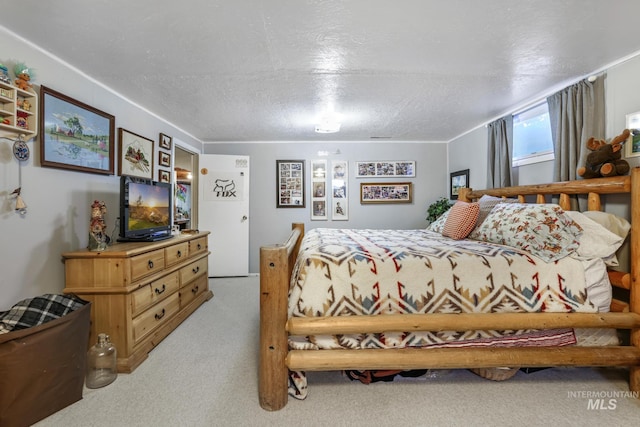 carpeted bedroom with a textured ceiling