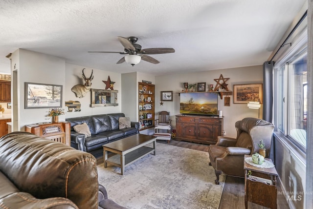 living room with hardwood / wood-style floors, ceiling fan, and a textured ceiling