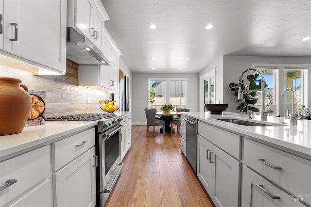3067 N Sun City Ave, Star, ID 83669 - kitchen featuring stainless steel appliances, under cabinet range hood, recessed lighting, light wood finished floors, and light countertops