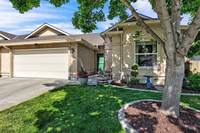 6141 N Fountain Ln, Boise, ID 83714 - view of front of property featuring stucco siding, an attached garage, a front lawn, driveway, and a shingled roof