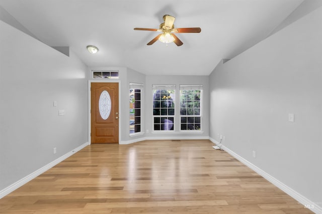 4104 Iris Ct, Nampa, ID 83687 - foyer featuring ceiling fan, light wood-type flooring, lofted ceiling, and baseboards