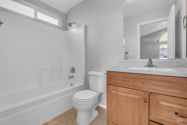 4104 Iris Ct, Nampa, ID 83687 - bathroom with vanity, shower / bathtub combination, plenty of natural light, toilet, and lofted ceiling