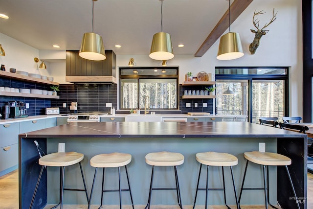 kitchen featuring light wood-style flooring, open shelves, a sink, backsplash, and stainless steel range with gas stovetop