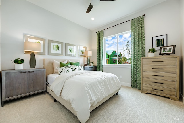 carpeted bedroom with ceiling fan