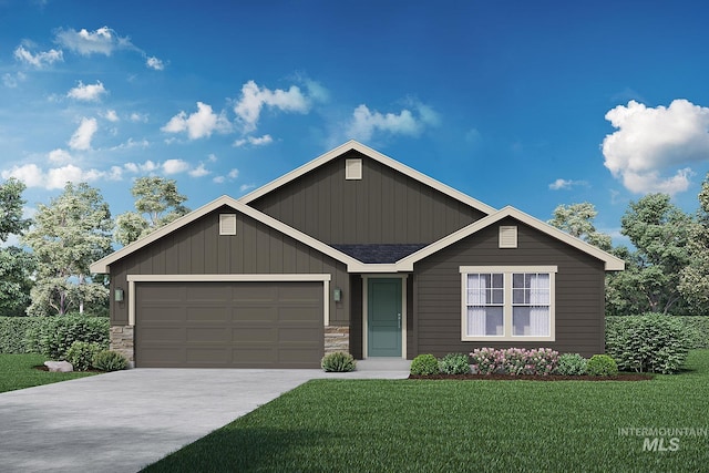 1338 E Prairiefire St, Meridian, ID 83646 - craftsman house featuring an attached garage, a front lawn, concrete driveway, stone siding, and board and batten siding