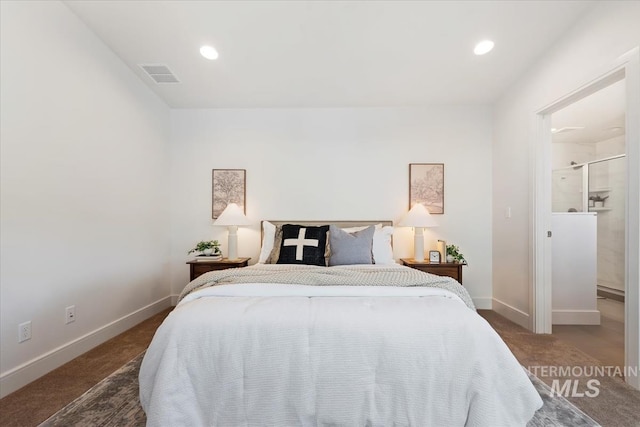 bedroom with recessed lighting, baseboards, visible vents, and carpet